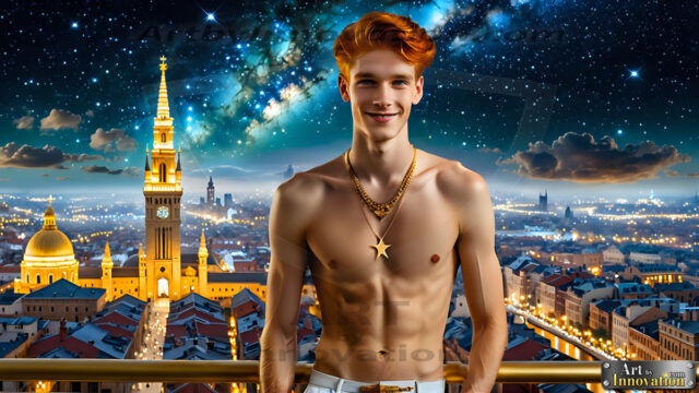 The Men of the Golden City is a collection of AI generated images of beautiful, glamorous, handsome guys in the heavens. The heavenly landscape evokes a sense of magnificence, the majestic gothic architecture, is detailed and crafted to create an atmosphere of reverence and divine glory. The mystical and galactic landscape highlights the golden city. The great detail of the city and the billowing clouds. A golden river flows from the city to the end of the galaxy. The vast galaxy almost covers the image. The stars and constellations sparkle in the galaxy. The city has massive, magnificent, majestic gothic architecture.
