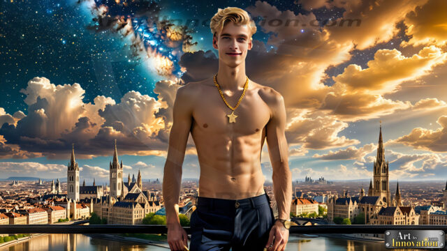 The Men of the Golden City is a collection of AI generated images of beautiful, glamorous, handsome guys in the heavens. The heavenly landscape evokes a sense of magnificence, the majestic gothic architecture, is detailed and crafted to create an atmosphere of reverence and divine glory. The mystical and galactic landscape highlights the golden city. The great detail of the city and the billowing clouds. A golden river flows from the city to the end of the galaxy. The vast galaxy almost covers the image. The stars and constellations sparkle in the galaxy. The city has massive, magnificent, majestic gothic architecture.