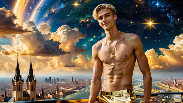 The Men of the Golden City is a collection of AI generated images of beautiful, glamorous, handsome guys in the heavens. The heavenly landscape evokes a sense of magnificence, the majestic gothic architecture, is detailed and crafted to create an atmosphere of reverence and divine glory. The mystical and galactic landscape highlights the golden city. The great detail of the city and the billowing clouds. A golden river flows from the city to the end of the galaxy. The vast galaxy almost covers the image. The stars and constellations sparkle in the galaxy. The city has massive, magnificent, majestic gothic architecture.
