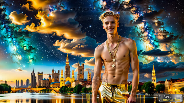 The Men of the Golden City is a collection of AI generated images of beautiful, glamorous, handsome guys in the heavens. The heavenly landscape evokes a sense of magnificence, the majestic gothic architecture, is detailed and crafted to create an atmosphere of reverence and divine glory. The mystical and galactic landscape highlights the golden city. The great detail of the city and the billowing clouds. A golden river flows from the city to the end of the galaxy. The vast galaxy almost covers the image. The stars and constellations sparkle in the galaxy. The city has massive, magnificent, majestic gothic architecture.