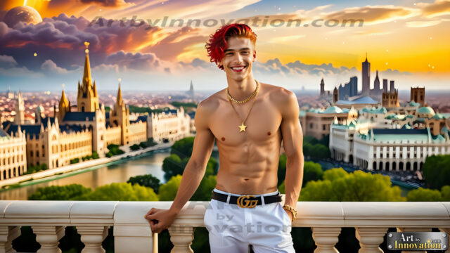 The Men of the Golden City is a collection of AI generated images of beautiful, glamorous, handsome guys in the heavens. The heavenly landscape evokes a sense of magnificence, the majestic gothic architecture, is detailed and crafted to create an atmosphere of reverence and divine glory. The mystical and galactic landscape highlights the golden city. The great detail of the city and the billowing clouds. A golden river flows from the city to the end of the galaxy. The vast galaxy almost covers the image. The stars and constellations sparkle in the galaxy. The city has massive, magnificent, majestic gothic architecture.