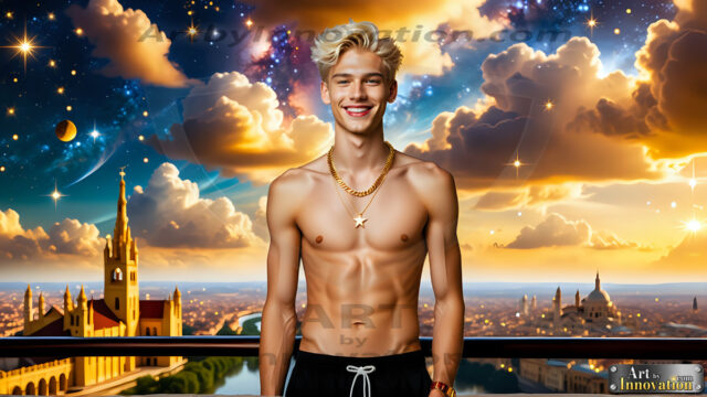 The Men of the Golden City is a collection of AI generated images of beautiful, glamorous, handsome guys in the heavens. The heavenly landscape evokes a sense of magnificence, the majestic gothic architecture, is detailed and crafted to create an atmosphere of reverence and divine glory. The mystical and galactic landscape highlights the golden city. The great detail of the city and the billowing clouds. A golden river flows from the city to the end of the galaxy. The vast galaxy almost covers the image. The stars and constellations sparkle in the galaxy. The city has massive, magnificent, majestic gothic architecture.