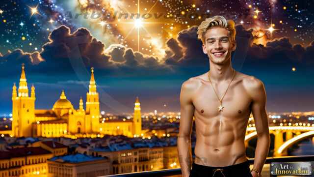 The Men of the Golden City is a collection of AI generated images of beautiful, glamorous, handsome guys in the heavens. The heavenly landscape evokes a sense of magnificence, the majestic gothic architecture, is detailed and crafted to create an atmosphere of reverence and divine glory. The mystical and galactic landscape highlights the golden city. The great detail of the city and the billowing clouds. A golden river flows from the city to the end of the galaxy. The vast galaxy almost covers the image. The stars and constellations sparkle in the galaxy. The city has massive, magnificent, majestic gothic architecture.