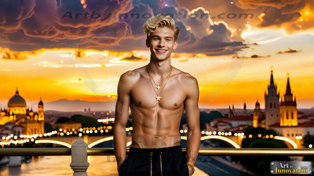 The Men of the Golden City is a collection of AI generated images of beautiful, glamorous, handsome guys in the heavens. The heavenly landscape evokes a sense of magnificence, the majestic gothic architecture, is detailed and crafted to create an atmosphere of reverence and divine glory. The mystical and galactic landscape highlights the golden city. The great detail of the city and the billowing clouds. A golden river flows from the city to the end of the galaxy. The vast galaxy almost covers the image. The stars and constellations sparkle in the galaxy. The city has massive, magnificent, majestic gothic architecture.