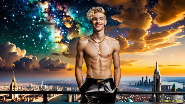 The Men of the Golden City is a collection of AI generated images of beautiful, glamorous, handsome guys in the heavens. The heavenly landscape evokes a sense of magnificence, the majestic gothic architecture, is detailed and crafted to create an atmosphere of reverence and divine glory. The mystical and galactic landscape highlights the golden city. The great detail of the city and the billowing clouds. A golden river flows from the city to the end of the galaxy. The vast galaxy almost covers the image. The stars and constellations sparkle in the galaxy. The city has massive, magnificent, majestic gothic architecture.