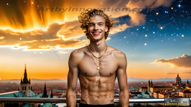 The Men of the Golden City is a collection of AI generated images of beautiful, glamorous, handsome guys in the heavens. The heavenly landscape evokes a sense of magnificence, the majestic gothic architecture, is detailed and crafted to create an atmosphere of reverence and divine glory. The mystical and galactic landscape highlights the golden city. The great detail of the city and the billowing clouds. A golden river flows from the city to the end of the galaxy. The vast galaxy almost covers the image. The stars and constellations sparkle in the galaxy. The city has massive, magnificent, majestic gothic architecture.