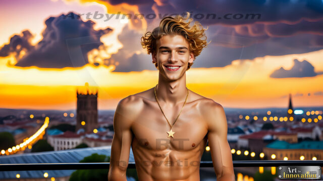 The Men of the Golden City is a collection of AI generated images of beautiful, glamorous, handsome guys in the heavens. The heavenly landscape evokes a sense of magnificence, the majestic gothic architecture, is detailed and crafted to create an atmosphere of reverence and divine glory. The mystical and galactic landscape highlights the golden city. The great detail of the city and the billowing clouds. A golden river flows from the city to the end of the galaxy. The vast galaxy almost covers the image. The stars and constellations sparkle in the galaxy. The city has massive, magnificent, majestic gothic architecture.