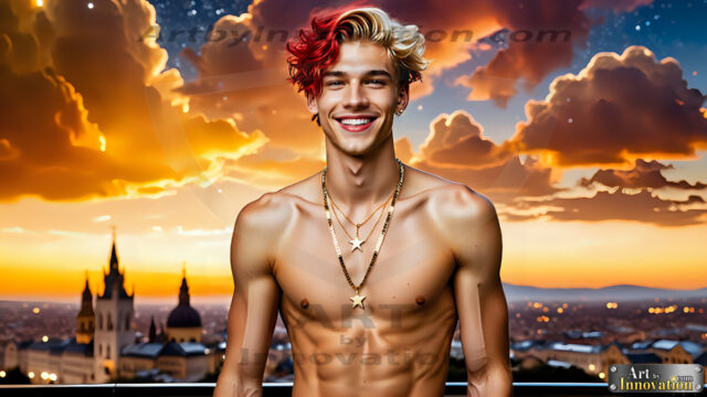 The Men of the Golden City is a collection of AI generated images of beautiful, glamorous, handsome guys in the heavens. The heavenly landscape evokes a sense of magnificence, the majestic gothic architecture, is detailed and crafted to create an atmosphere of reverence and divine glory. The mystical and galactic landscape highlights the golden city. The great detail of the city and the billowing clouds. A golden river flows from the city to the end of the galaxy. The vast galaxy almost covers the image. The stars and constellations sparkle in the galaxy. The city has massive, magnificent, majestic gothic architecture.