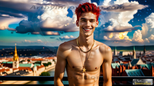 The Men of the Golden City is a collection of AI generated images of beautiful, glamorous, handsome guys in the heavens. The heavenly landscape evokes a sense of magnificence, the majestic gothic architecture, is detailed and crafted to create an atmosphere of reverence and divine glory. The mystical and galactic landscape highlights the golden city. The great detail of the city and the billowing clouds. A golden river flows from the city to the end of the galaxy. The vast galaxy almost covers the image. The stars and constellations sparkle in the galaxy. The city has massive, magnificent, majestic gothic architecture.