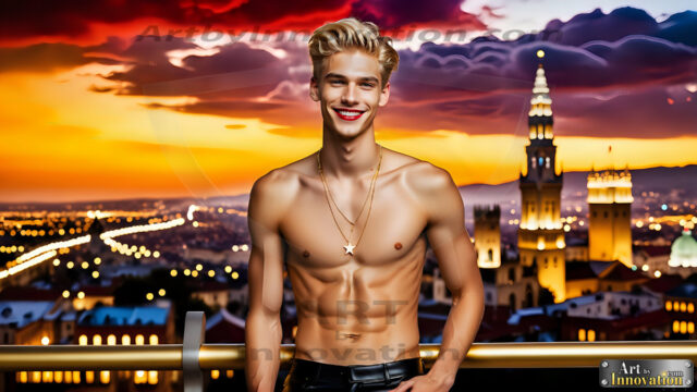 The Men of the Golden City is a collection of AI generated images of beautiful, glamorous, handsome guys in the heavens. The heavenly landscape evokes a sense of magnificence, the majestic gothic architecture, is detailed and crafted to create an atmosphere of reverence and divine glory. The mystical and galactic landscape highlights the golden city. The great detail of the city and the billowing clouds. A golden river flows from the city to the end of the galaxy. The vast galaxy almost covers the image. The stars and constellations sparkle in the galaxy. The city has massive, magnificent, majestic gothic architecture.