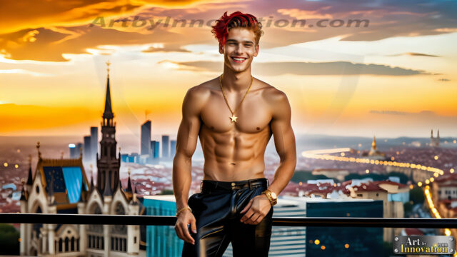 The Men of the Golden City is a collection of AI generated images of beautiful, glamorous, handsome guys in the heavens. The heavenly landscape evokes a sense of magnificence, the majestic gothic architecture, is detailed and crafted to create an atmosphere of reverence and divine glory. The mystical and galactic landscape highlights the golden city. The great detail of the city and the billowing clouds. A golden river flows from the city to the end of the galaxy. The vast galaxy almost covers the image. The stars and constellations sparkle in the galaxy. The city has massive, magnificent, majestic gothic architecture.