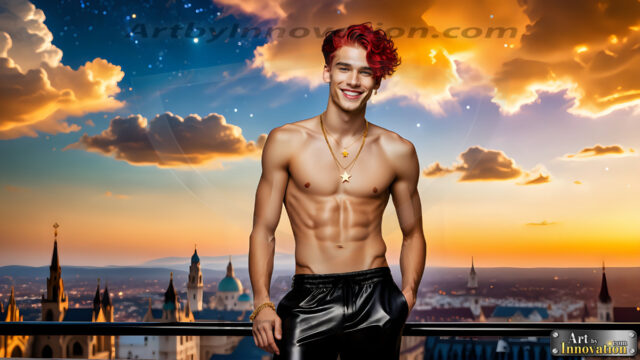 The Men of the Golden City is a collection of AI generated images of beautiful, glamorous, handsome guys in the heavens. The heavenly landscape evokes a sense of magnificence, the majestic gothic architecture, is detailed and crafted to create an atmosphere of reverence and divine glory. The mystical and galactic landscape highlights the golden city. The great detail of the city and the billowing clouds. A golden river flows from the city to the end of the galaxy. The vast galaxy almost covers the image. The stars and constellations sparkle in the galaxy. The city has massive, magnificent, majestic gothic architecture.