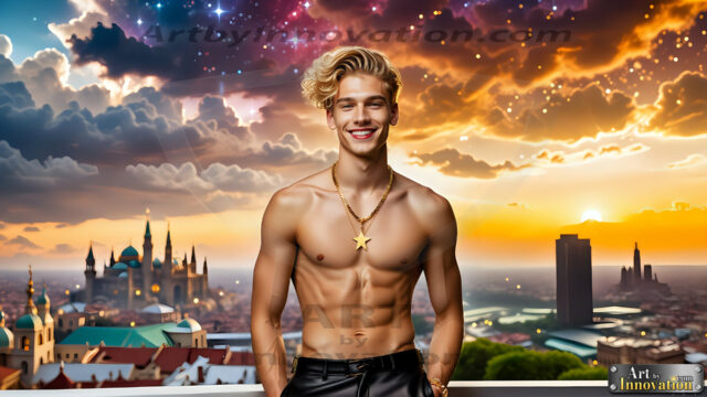 The Men of the Golden City is a collection of AI generated images of beautiful, glamorous, handsome guys in the heavens. The heavenly landscape evokes a sense of magnificence, the majestic gothic architecture, is detailed and crafted to create an atmosphere of reverence and divine glory. The mystical and galactic landscape highlights the golden city. The great detail of the city and the billowing clouds. A golden river flows from the city to the end of the galaxy. The vast galaxy almost covers the image. The stars and constellations sparkle in the galaxy. The city has massive, magnificent, majestic gothic architecture.