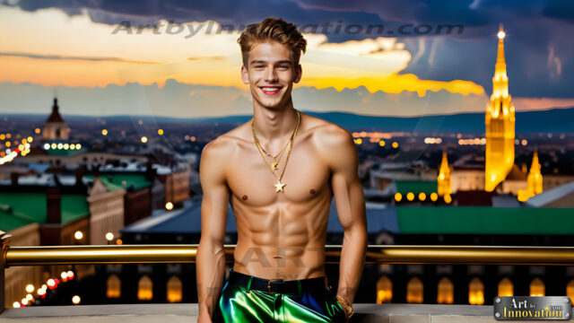 The Men of the Golden City is a collection of AI generated images of beautiful, glamorous, handsome guys in the heavens. The heavenly landscape evokes a sense of magnificence, the majestic gothic architecture, is detailed and crafted to create an atmosphere of reverence and divine glory. The mystical and galactic landscape highlights the golden city. The great detail of the city and the billowing clouds. A golden river flows from the city to the end of the galaxy. The vast galaxy almost covers the image. The stars and constellations sparkle in the galaxy. The city has massive, magnificent, majestic gothic architecture.