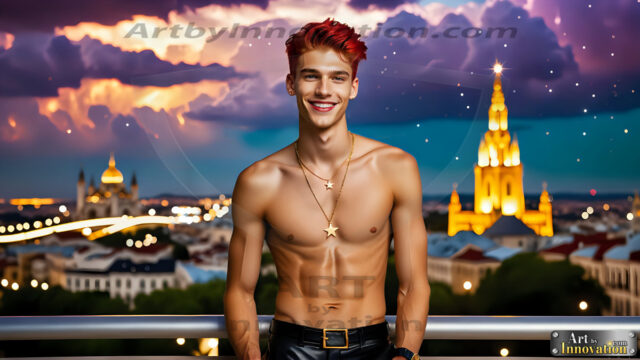 The Men of the Golden City is a collection of AI generated images of beautiful, glamorous, handsome guys in the heavens. The heavenly landscape evokes a sense of magnificence, the majestic gothic architecture, is detailed and crafted to create an atmosphere of reverence and divine glory. The mystical and galactic landscape highlights the golden city. The great detail of the city and the billowing clouds. A golden river flows from the city to the end of the galaxy. The vast galaxy almost covers the image. The stars and constellations sparkle in the galaxy. The city has massive, magnificent, majestic gothic architecture.