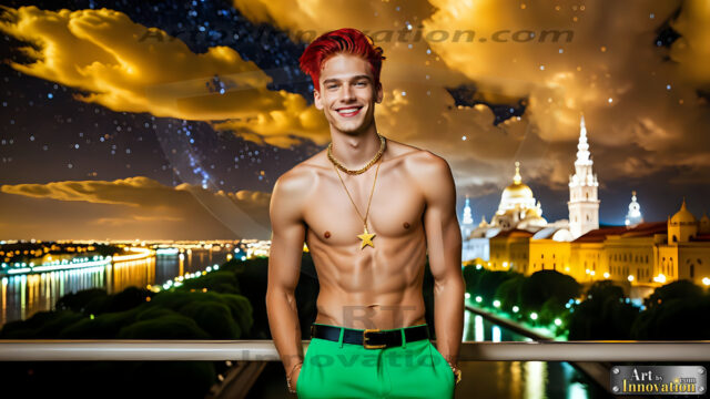 The Men of the Golden City is a collection of AI generated images of beautiful, glamorous, handsome guys in the heavens. The heavenly landscape evokes a sense of magnificence, the majestic gothic architecture, is detailed and crafted to create an atmosphere of reverence and divine glory. The mystical and galactic landscape highlights the golden city. The great detail of the city and the billowing clouds. A golden river flows from the city to the end of the galaxy. The vast galaxy almost covers the image. The stars and constellations sparkle in the galaxy. The city has massive, magnificent, majestic gothic architecture.