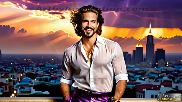 The Men of the Golden City is a collection of AI generated images of beautiful, glamorous, handsome guys in the heavens. The heavenly landscape evokes a sense of magnificence, the majestic gothic architecture, is detailed and crafted to create an atmosphere of reverence and divine glory. The mystical and galactic landscape highlights the golden city. The great detail of the city and the billowing clouds. A golden river flows from the city to the end of the galaxy. The vast galaxy almost covers the image. The stars and constellations sparkle in the galaxy. The city has massive, magnificent, majestic gothic architecture.