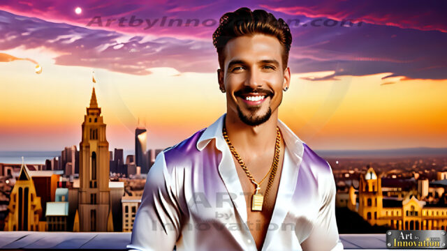 The Men of the Golden City is a collection of AI generated images of beautiful, glamorous, handsome guys in the heavens. The heavenly landscape evokes a sense of magnificence, the majestic gothic architecture, is detailed and crafted to create an atmosphere of reverence and divine glory. The mystical and galactic landscape highlights the golden city. The great detail of the city and the billowing clouds. A golden river flows from the city to the end of the galaxy. The vast galaxy almost covers the image. The stars and constellations sparkle in the galaxy. The city has massive, magnificent, majestic gothic architecture.