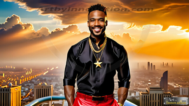 The Men of the Golden City is a collection of AI generated images of beautiful, glamorous, handsome guys in the heavens. The heavenly landscape evokes a sense of magnificence, the majestic gothic architecture, is detailed and crafted to create an atmosphere of reverence and divine glory. The mystical and galactic landscape highlights the golden city. The great detail of the city and the billowing clouds. A golden river flows from the city to the end of the galaxy. The vast galaxy almost covers the image. The stars and constellations sparkle in the galaxy. The city has massive, magnificent, majestic gothic architecture.