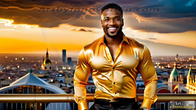 The Men of the Golden City is a collection of AI generated images of beautiful, glamorous, handsome guys in the heavens. The heavenly landscape evokes a sense of magnificence, the majestic gothic architecture, is detailed and crafted to create an atmosphere of reverence and divine glory. The mystical and galactic landscape highlights the golden city. The great detail of the city and the billowing clouds. A golden river flows from the city to the end of the galaxy. The vast galaxy almost covers the image. The stars and constellations sparkle in the galaxy. The city has massive, magnificent, majestic gothic architecture.