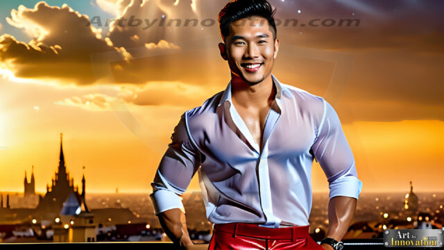 The Men of the Golden City is a collection of AI generated images of beautiful, glamorous, handsome guys in the heavens. The heavenly landscape evokes a sense of magnificence, the majestic gothic architecture, is detailed and crafted to create an atmosphere of reverence and divine glory. The mystical and galactic landscape highlights the golden city. The great detail of the city and the billowing clouds. A golden river flows from the city to the end of the galaxy. The vast galaxy almost covers the image. The stars and constellations sparkle in the galaxy. The city has massive, magnificent, majestic gothic architecture.