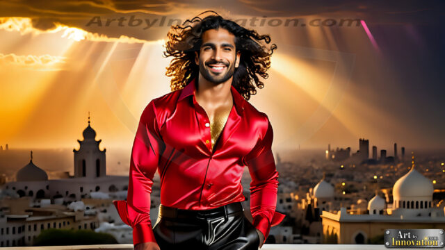 The Men of the Golden City is a collection of AI generated images of beautiful, glamorous, handsome guys in the heavens. The heavenly landscape evokes a sense of magnificence, the majestic gothic architecture, is detailed and crafted to create an atmosphere of reverence and divine glory. The mystical and galactic landscape highlights the golden city. The great detail of the city and the billowing clouds. A golden river flows from the city to the end of the galaxy. The vast galaxy almost covers the image. The stars and constellations sparkle in the galaxy. The city has massive, magnificent, majestic gothic architecture.