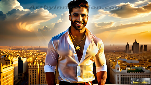 The Men of the Golden City is a collection of AI generated images of beautiful, glamorous, handsome guys in the heavens. The heavenly landscape evokes a sense of magnificence, the majestic gothic architecture, is detailed and crafted to create an atmosphere of reverence and divine glory. The mystical and galactic landscape highlights the golden city. The great detail of the city and the billowing clouds. A golden river flows from the city to the end of the galaxy. The vast galaxy almost covers the image. The stars and constellations sparkle in the galaxy. The city has massive, magnificent, majestic gothic architecture.