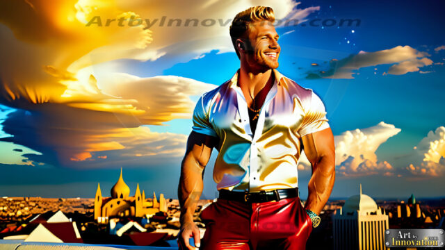 The Men of the Golden City is a collection of AI generated images of beautiful, glamorous, handsome guys in the heavens. The heavenly landscape evokes a sense of magnificence, the majestic gothic architecture, is detailed and crafted to create an atmosphere of reverence and divine glory. The mystical and galactic landscape highlights the golden city. The great detail of the city and the billowing clouds. A golden river flows from the city to the end of the galaxy. The vast galaxy almost covers the image. The stars and constellations sparkle in the galaxy. The city has massive, magnificent, majestic gothic architecture.