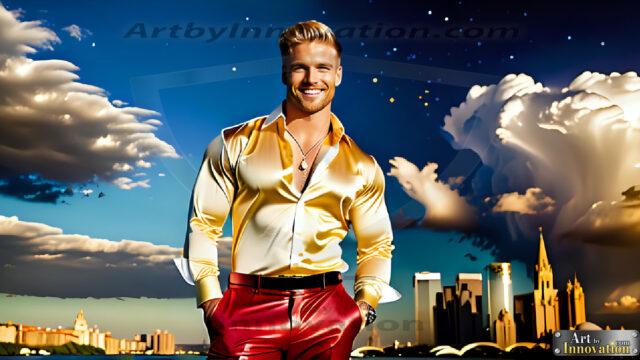 The Men of the Golden City is a collection of AI generated images of beautiful, glamorous, handsome guys in the heavens. The heavenly landscape evokes a sense of magnificence, the majestic gothic architecture, is detailed and crafted to create an atmosphere of reverence and divine glory. The mystical and galactic landscape highlights the golden city. The great detail of the city and the billowing clouds. A golden river flows from the city to the end of the galaxy. The vast galaxy almost covers the image. The stars and constellations sparkle in the galaxy. The city has massive, magnificent, majestic gothic architecture.