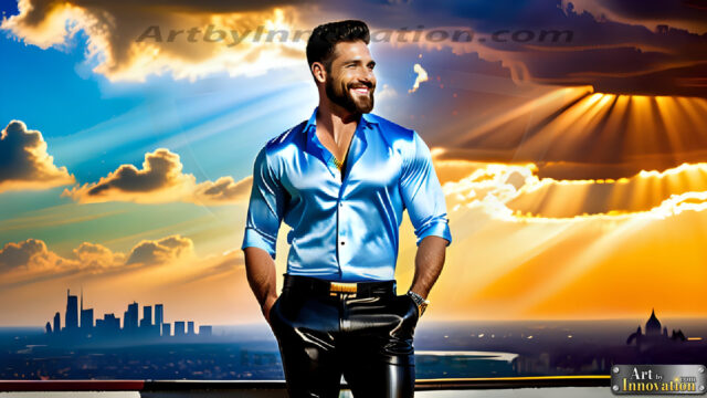 The Men of the Golden City is a collection of AI generated images of beautiful, glamorous, handsome guys in the heavens. The heavenly landscape evokes a sense of magnificence, the majestic gothic architecture, is detailed and crafted to create an atmosphere of reverence and divine glory. The mystical and galactic landscape highlights the golden city. The great detail of the city and the billowing clouds. A golden river flows from the city to the end of the galaxy. The vast galaxy almost covers the image. The stars and constellations sparkle in the galaxy. The city has massive, magnificent, majestic gothic architecture.