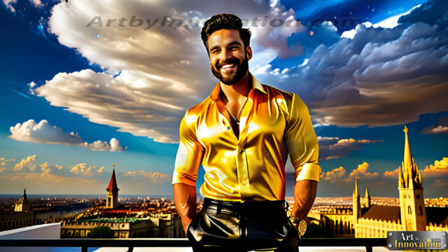 The Men of the Golden City is a collection of AI generated images of beautiful, glamorous, handsome guys in the heavens. The heavenly landscape evokes a sense of magnificence, the majestic gothic architecture, is detailed and crafted to create an atmosphere of reverence and divine glory. The mystical and galactic landscape highlights the golden city. The great detail of the city and the billowing clouds. A golden river flows from the city to the end of the galaxy. The vast galaxy almost covers the image. The stars and constellations sparkle in the galaxy. The city has massive, magnificent, majestic gothic architecture.