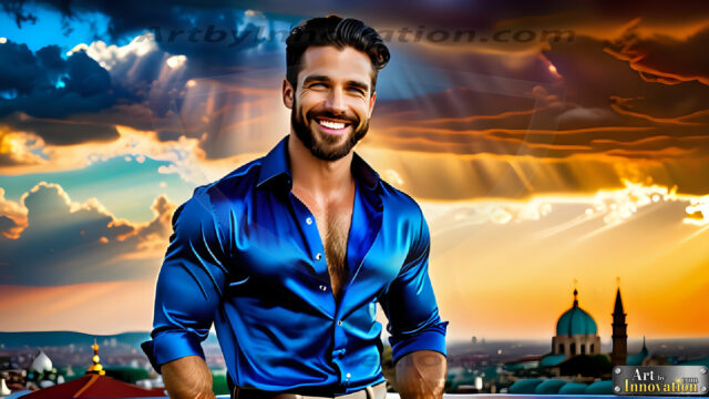 The Men of the Golden City is a collection of AI generated images of beautiful, glamorous, handsome guys in the heavens. The heavenly landscape evokes a sense of magnificence, the majestic gothic architecture, is detailed and crafted to create an atmosphere of reverence and divine glory. The mystical and galactic landscape highlights the golden city. The great detail of the city and the billowing clouds. A golden river flows from the city to the end of the galaxy. The vast galaxy almost covers the image. The stars and constellations sparkle in the galaxy. The city has massive, magnificent, majestic gothic architecture.