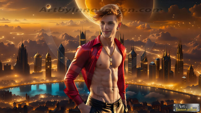 The Men of the Golden City is a collection of AI generated images of beautiful, glamorous, handsome guys in the heavens. The heavenly landscape evokes a sense of magnificence, the majestic gothic architecture, is detailed and crafted to create an atmosphere of reverence and divine glory. The mystical and galactic landscape highlights the golden city. The great detail of the city and the billowing clouds. A golden river flows from the city to the end of the galaxy. The vast galaxy almost covers the image. The stars and constellations sparkle in the galaxy. The city has massive, magnificent, majestic gothic architecture.