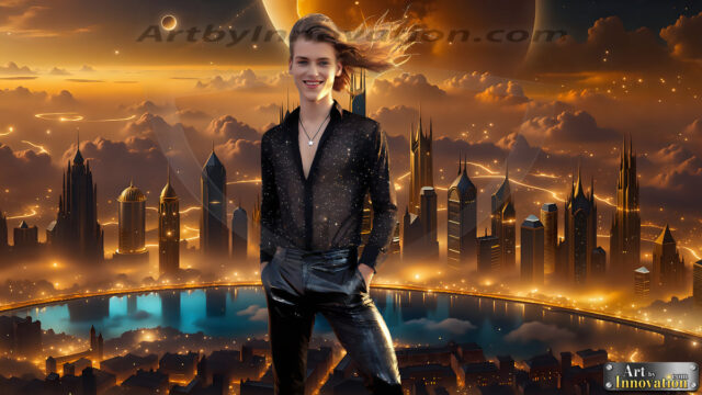 The Men of the Golden City is a collection of AI generated images of beautiful, glamorous, handsome guys in the heavens. The heavenly landscape evokes a sense of magnificence, the majestic gothic architecture, is detailed and crafted to create an atmosphere of reverence and divine glory. The mystical and galactic landscape highlights the golden city. The great detail of the city and the billowing clouds. A golden river flows from the city to the end of the galaxy. The vast galaxy almost covers the image. The stars and constellations sparkle in the galaxy. The city has massive, magnificent, majestic gothic architecture.
