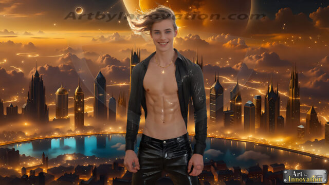 The Men of the Golden City is a collection of AI generated images of beautiful, glamorous, handsome guys in the heavens. The heavenly landscape evokes a sense of magnificence, the majestic gothic architecture, is detailed and crafted to create an atmosphere of reverence and divine glory. The mystical and galactic landscape highlights the golden city. The great detail of the city and the billowing clouds. A golden river flows from the city to the end of the galaxy. The vast galaxy almost covers the image. The stars and constellations sparkle in the galaxy. The city has massive, magnificent, majestic gothic architecture.