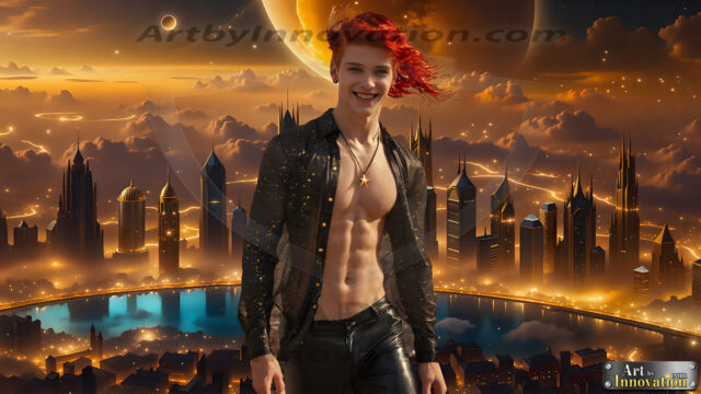The Men of the Golden City is a collection of AI generated images of beautiful, glamorous, handsome guys in the heavens. The heavenly landscape evokes a sense of magnificence, the majestic gothic architecture, is detailed and crafted to create an atmosphere of reverence and divine glory. The mystical and galactic landscape highlights the golden city. The great detail of the city and the billowing clouds. A golden river flows from the city to the end of the galaxy. The vast galaxy almost covers the image. The stars and constellations sparkle in the galaxy. The city has massive, magnificent, majestic gothic architecture.