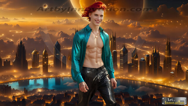 The Men of the Golden City is a collection of AI generated images of beautiful, glamorous, handsome guys in the heavens. The heavenly landscape evokes a sense of magnificence, the majestic gothic architecture, is detailed and crafted to create an atmosphere of reverence and divine glory. The mystical and galactic landscape highlights the golden city. The great detail of the city and the billowing clouds. A golden river flows from the city to the end of the galaxy. The vast galaxy almost covers the image. The stars and constellations sparkle in the galaxy. The city has massive, magnificent, majestic gothic architecture.