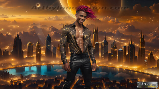 The Men of the Golden City is a collection of AI generated images of beautiful, glamorous, handsome guys in the heavens. The heavenly landscape evokes a sense of magnificence, the majestic gothic architecture, is detailed and crafted to create an atmosphere of reverence and divine glory. The mystical and galactic landscape highlights the golden city. The great detail of the city and the billowing clouds. A golden river flows from the city to the end of the galaxy. The vast galaxy almost covers the image. The stars and constellations sparkle in the galaxy. The city has massive, magnificent, majestic gothic architecture.
