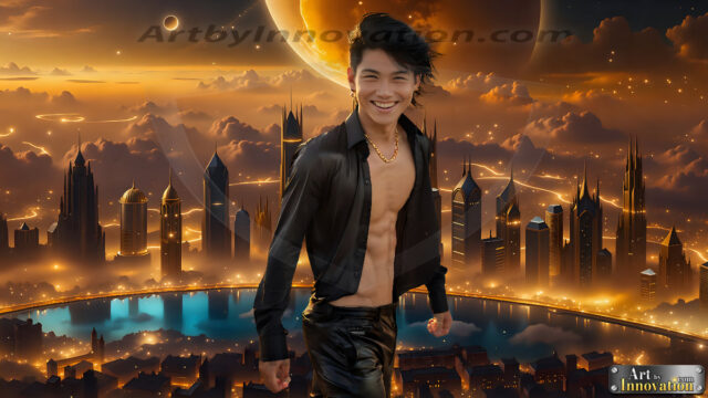 The Men of the Golden City is a collection of AI generated images of beautiful, glamorous, handsome guys in the heavens. The heavenly landscape evokes a sense of magnificence, the majestic gothic architecture, is detailed and crafted to create an atmosphere of reverence and divine glory. The mystical and galactic landscape highlights the golden city. The great detail of the city and the billowing clouds. A golden river flows from the city to the end of the galaxy. The vast galaxy almost covers the image. The stars and constellations sparkle in the galaxy. The city has massive, magnificent, majestic gothic architecture.