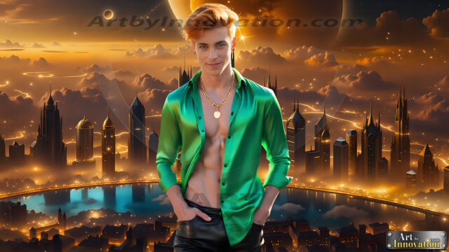 The Men of the Golden City is a collection of AI generated images of beautiful, glamorous, handsome guys in the heavens. The heavenly landscape evokes a sense of magnificence, the majestic gothic architecture, is detailed and crafted to create an atmosphere of reverence and divine glory. The mystical and galactic landscape highlights the golden city. The great detail of the city and the billowing clouds. A golden river flows from the city to the end of the galaxy. The vast galaxy almost covers the image. The stars and constellations sparkle in the galaxy. The city has massive, magnificent, majestic gothic architecture.