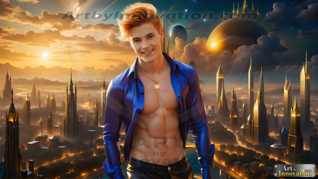 The Men of the Golden City is a collection of AI generated images of beautiful, glamorous, handsome guys in the heavens. The heavenly landscape evokes a sense of magnificence, the majestic gothic architecture, is detailed and crafted to create an atmosphere of reverence and divine glory. The mystical and galactic landscape highlights the golden city. The great detail of the city and the billowing clouds. A golden river flows from the city to the end of the galaxy. The vast galaxy almost covers the image. The stars and constellations sparkle in the galaxy. The city has massive, magnificent, majestic gothic architecture.