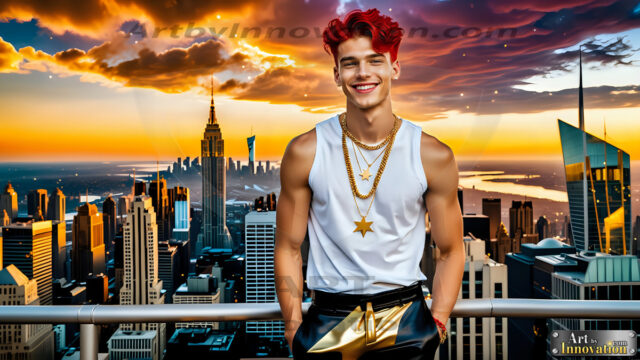 The Men of the Golden City is a collection of AI generated images of beautiful, glamorous, handsome guys in the heavens. The heavenly landscape evokes a sense of magnificence, the majestic gothic architecture, is detailed and crafted to create an atmosphere of reverence and divine glory. The mystical and galactic landscape highlights the golden city. The great detail of the city and the billowing clouds. A golden river flows from the city to the end of the galaxy. The vast galaxy almost covers the image. The stars and constellations sparkle in the galaxy. The city has massive, magnificent, majestic gothic architecture.
