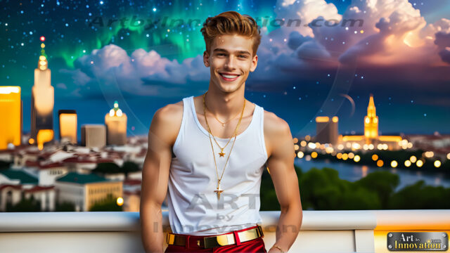 The Men of the Golden City is a collection of AI generated images of beautiful, glamorous, handsome guys in the heavens. The heavenly landscape evokes a sense of magnificence, the majestic gothic architecture, is detailed and crafted to create an atmosphere of reverence and divine glory. The mystical and galactic landscape highlights the golden city. The great detail of the city and the billowing clouds. A golden river flows from the city to the end of the galaxy. The vast galaxy almost covers the image. The stars and constellations sparkle in the galaxy. The city has massive, magnificent, majestic gothic architecture.