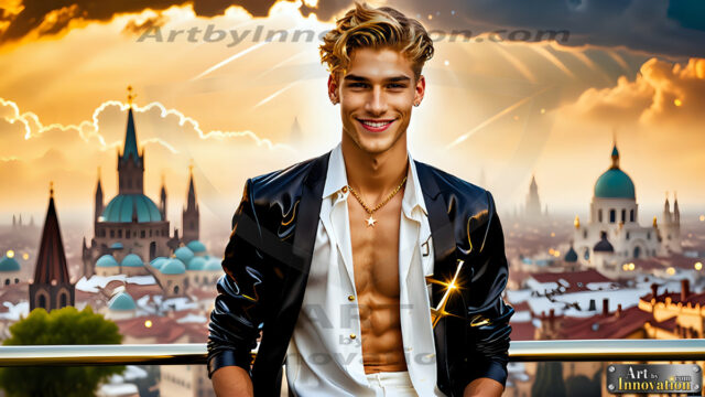 The Men of the Golden City is a collection of AI generated images of beautiful, glamorous, handsome guys in the heavens. The heavenly landscape evokes a sense of magnificence, the majestic gothic architecture, is detailed and crafted to create an atmosphere of reverence and divine glory. The mystical and galactic landscape highlights the golden city. The great detail of the city and the billowing clouds. A golden river flows from the city to the end of the galaxy. The vast galaxy almost covers the image. The stars and constellations sparkle in the galaxy. The city has massive, magnificent, majestic gothic architecture.