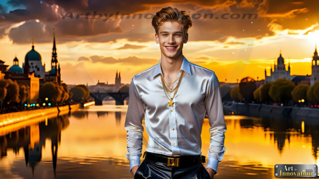 The Men of the Golden City is a collection of AI generated images of beautiful, glamorous, handsome guys in the heavens. The heavenly landscape evokes a sense of magnificence, the majestic gothic architecture, is detailed and crafted to create an atmosphere of reverence and divine glory. The mystical and galactic landscape highlights the golden city. The great detail of the city and the billowing clouds. A golden river flows from the city to the end of the galaxy. The vast galaxy almost covers the image. The stars and constellations sparkle in the galaxy. The city has massive, magnificent, majestic gothic architecture.