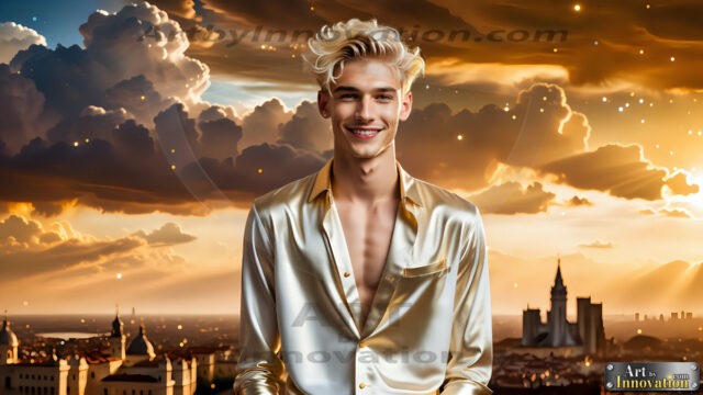 The Men of the Golden City is a collection of AI generated images of beautiful, glamorous, handsome guys in the heavens. The heavenly landscape evokes a sense of magnificence, the majestic gothic architecture, is detailed and crafted to create an atmosphere of reverence and divine glory. The mystical and galactic landscape highlights the golden city. The great detail of the city and the billowing clouds. A golden river flows from the city to the end of the galaxy. The vast galaxy almost covers the image. The stars and constellations sparkle in the galaxy. The city has massive, magnificent, majestic gothic architecture.
