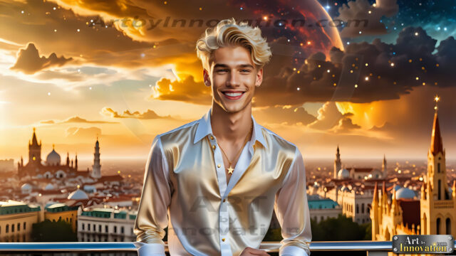 The Men of the Golden City is a collection of AI generated images of beautiful, glamorous, handsome guys in the heavens. The heavenly landscape evokes a sense of magnificence, the majestic gothic architecture, is detailed and crafted to create an atmosphere of reverence and divine glory. The mystical and galactic landscape highlights the golden city. The great detail of the city and the billowing clouds. A golden river flows from the city to the end of the galaxy. The vast galaxy almost covers the image. The stars and constellations sparkle in the galaxy. The city has massive, magnificent, majestic gothic architecture.