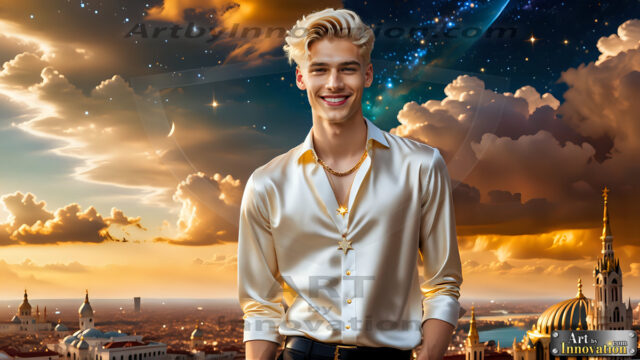 The Men of the Golden City is a collection of AI generated images of beautiful, glamorous, handsome guys in the heavens. The heavenly landscape evokes a sense of magnificence, the majestic gothic architecture, is detailed and crafted to create an atmosphere of reverence and divine glory. The mystical and galactic landscape highlights the golden city. The great detail of the city and the billowing clouds. A golden river flows from the city to the end of the galaxy. The vast galaxy almost covers the image. The stars and constellations sparkle in the galaxy. The city has massive, magnificent, majestic gothic architecture.