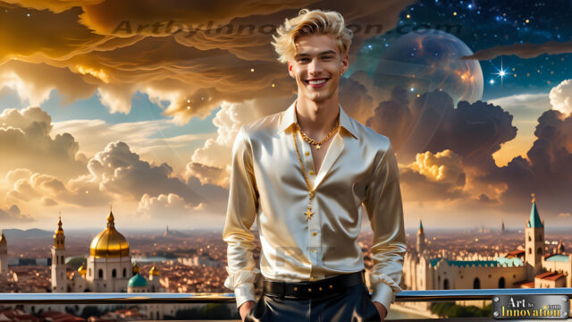 The Men of the Golden City is a collection of AI generated images of beautiful, glamorous, handsome guys in the heavens. The heavenly landscape evokes a sense of magnificence, the majestic gothic architecture, is detailed and crafted to create an atmosphere of reverence and divine glory. The mystical and galactic landscape highlights the golden city. The great detail of the city and the billowing clouds. A golden river flows from the city to the end of the galaxy. The vast galaxy almost covers the image. The stars and constellations sparkle in the galaxy. The city has massive, magnificent, majestic gothic architecture.
