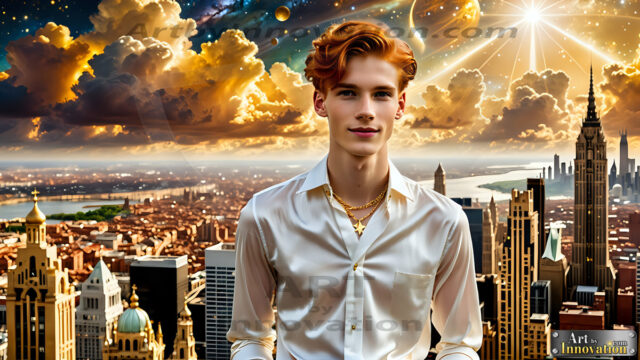 The Men of the Golden City is a collection of AI generated images of beautiful, glamorous, handsome guys in the heavens. The heavenly landscape evokes a sense of magnificence, the majestic gothic architecture, is detailed and crafted to create an atmosphere of reverence and divine glory. The mystical and galactic landscape highlights the golden city. The great detail of the city and the billowing clouds. A golden river flows from the city to the end of the galaxy. The vast galaxy almost covers the image. The stars and constellations sparkle in the galaxy. The city has massive, magnificent, majestic gothic architecture.